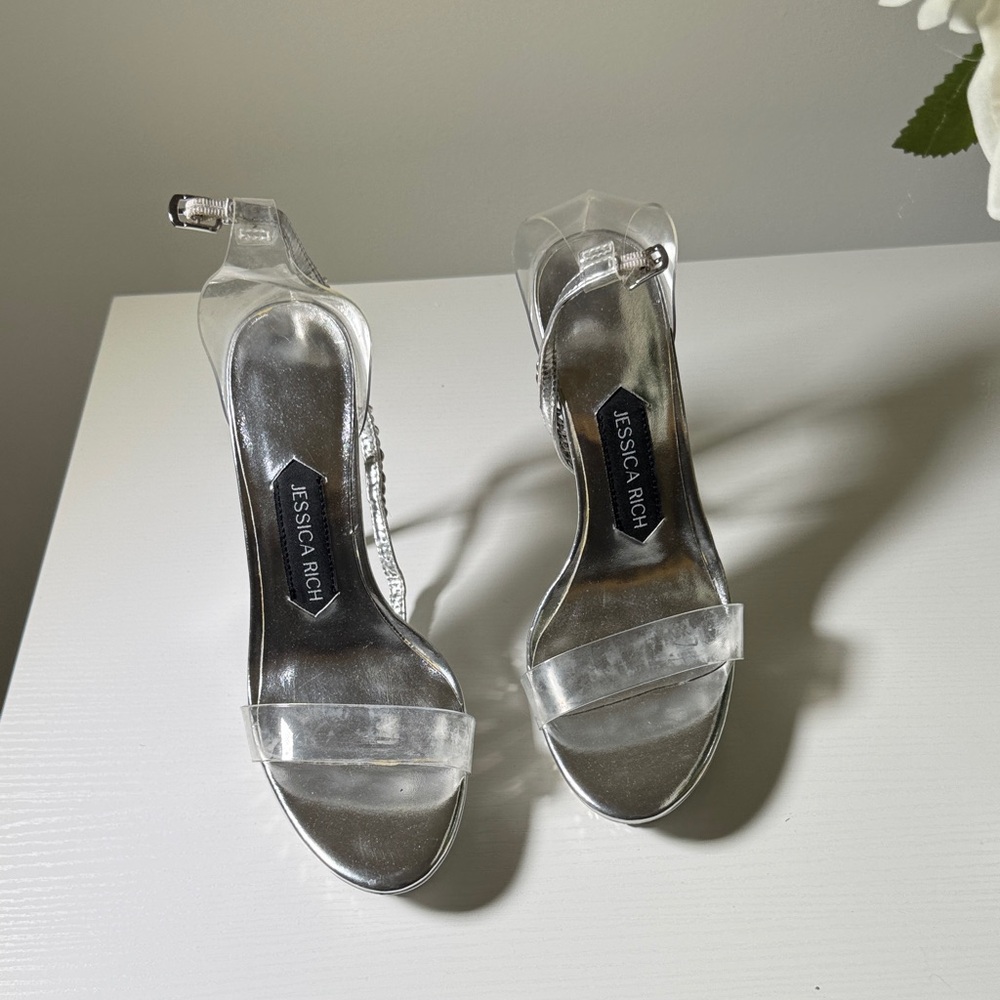 Jessica Silver Metallic Heeled Sandals with Clear Straps